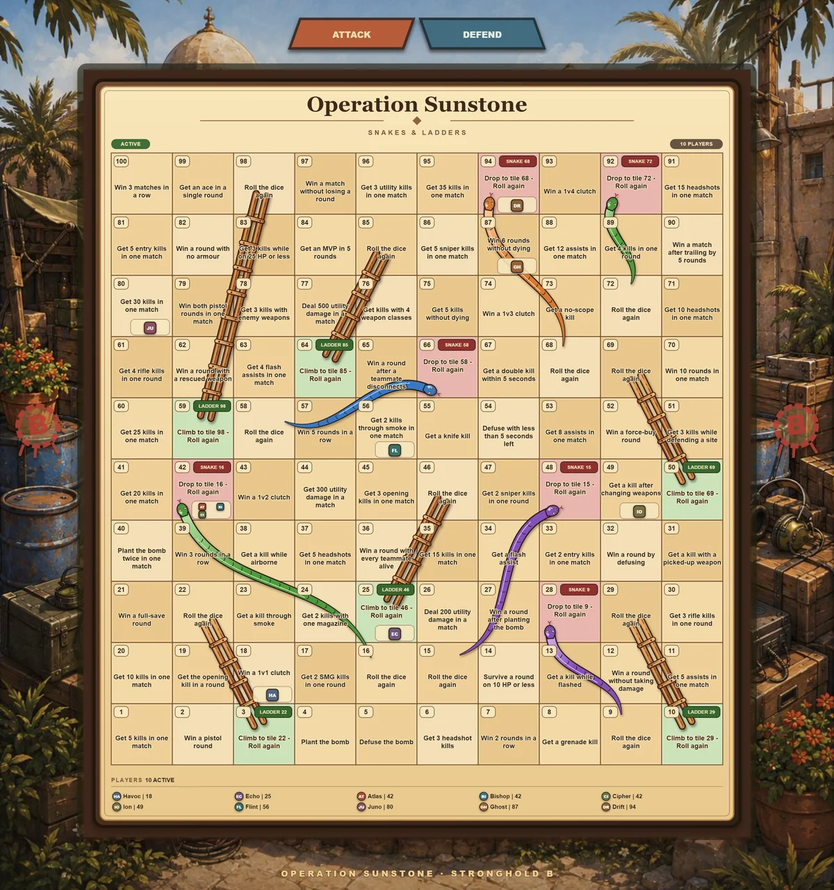 A 100-tile Counter-Strike 2 challenge board framed by a sandstone stronghold