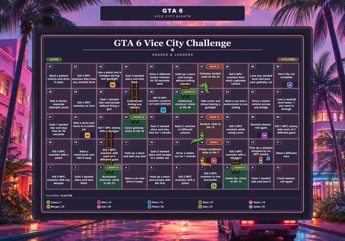 A 50-tile GTA 6 crime and getaway challenge board in a neon Vice City surround